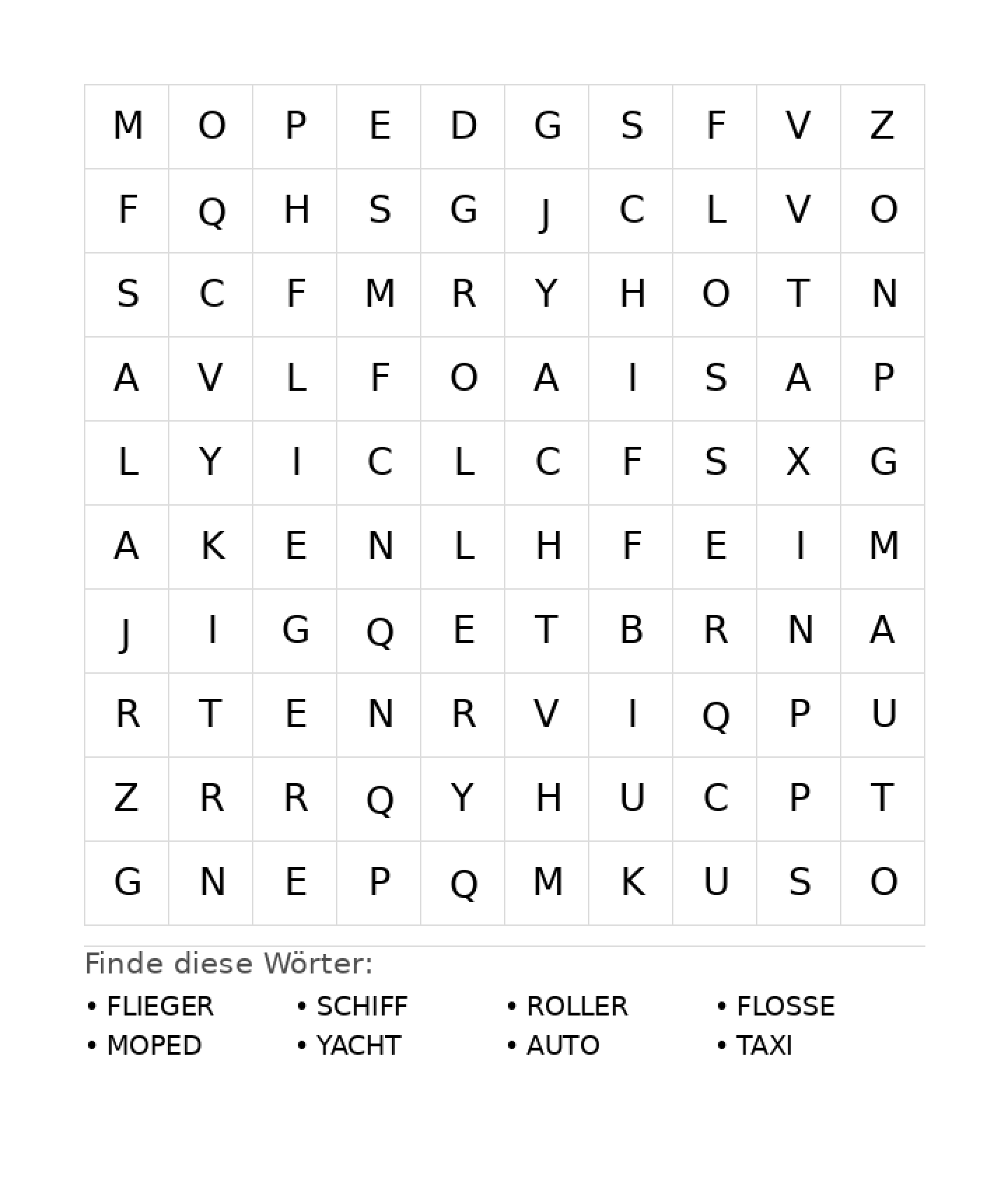 Wortsuchrätsel Wortsuchrätsel: Fahrzeuge für Vorschule aus der Kategorie Wortsuchrätsel - kostenlos ausdrucken