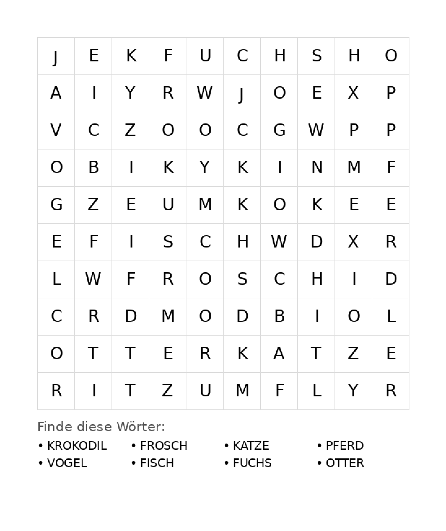 Wortsuchrätsel Wortsuchrätsel: Tiere für Vorschule aus der Kategorie Wortsuchrätsel - kostenlos ausdrucken