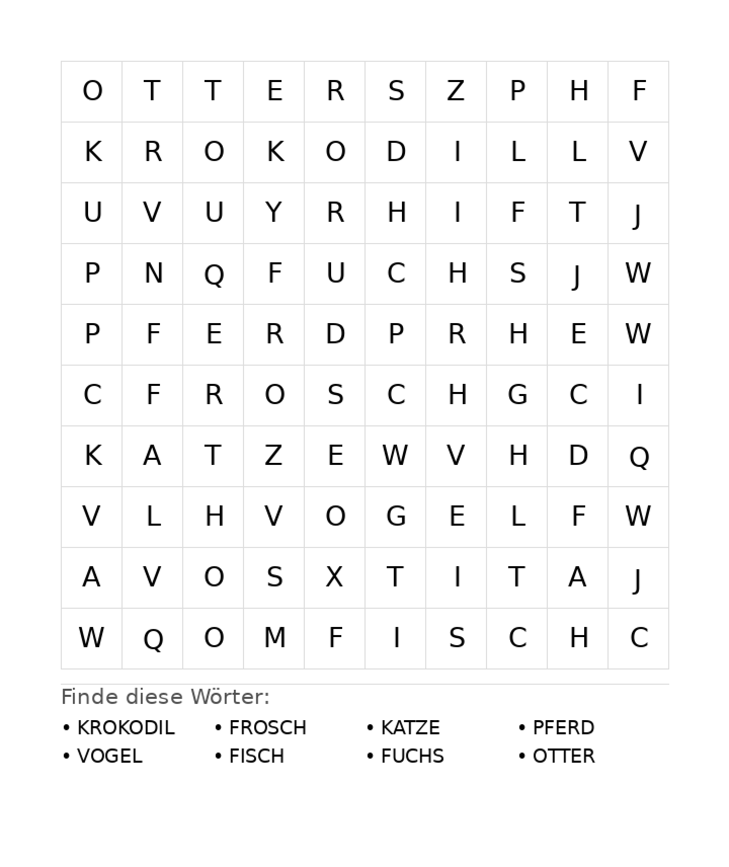 Wortsuchrätsel Wortsuchrätsel: Tiere für Vorschule aus der Kategorie Wortsuchrätsel - kostenlos ausdrucken
