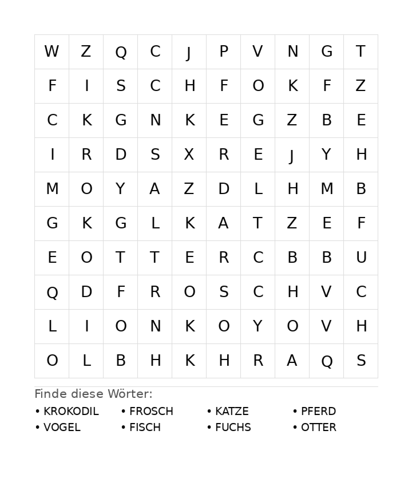 Wortsuchrätsel Wortsuchrätsel: Tiere für Vorschule aus der Kategorie Wortsuchrätsel - kostenlos ausdrucken