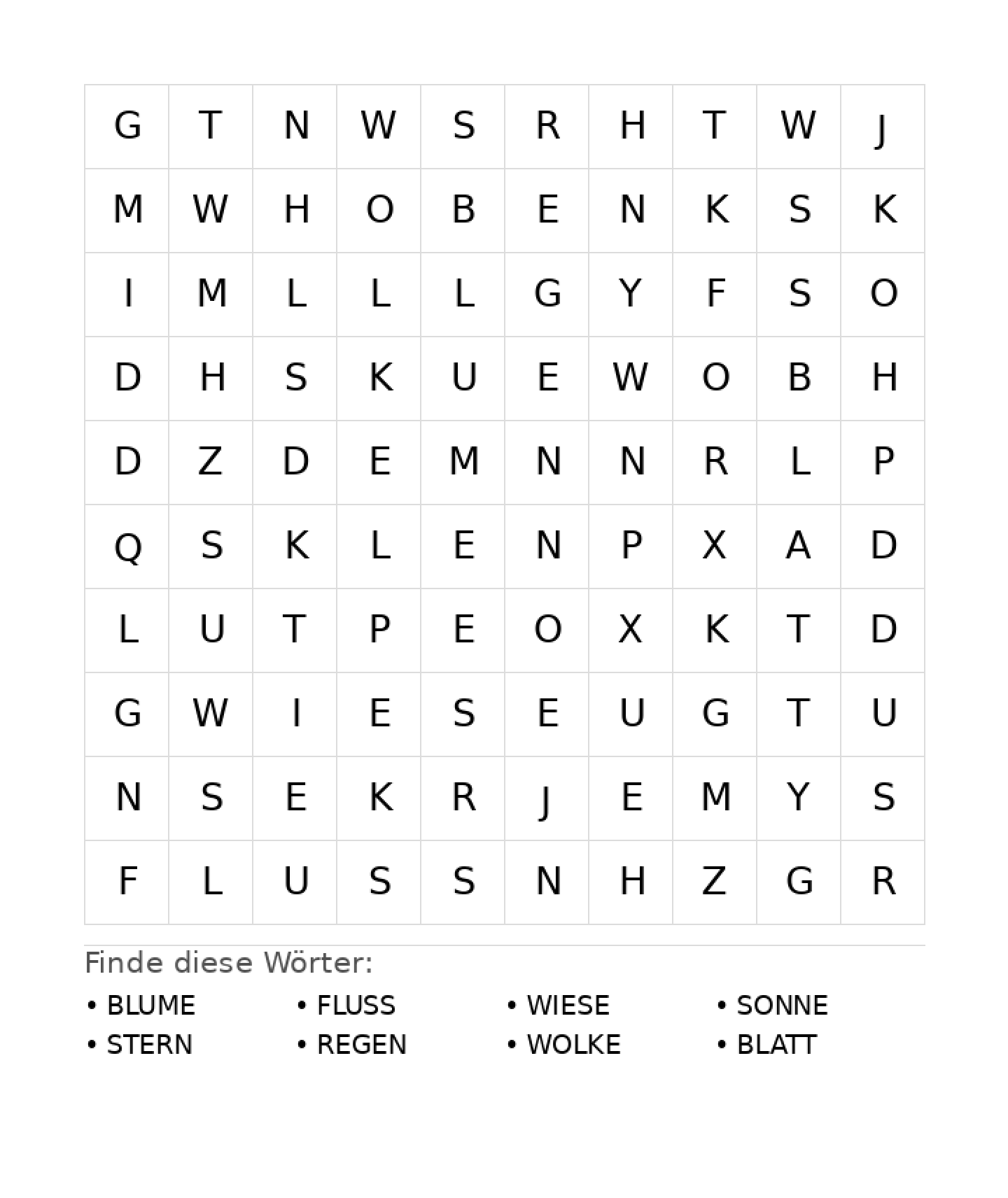 Wortsuchrätsel Wortsuchrätsel: Natur für Vorschule aus der Kategorie Wortsuchrätsel - kostenlos ausdrucken