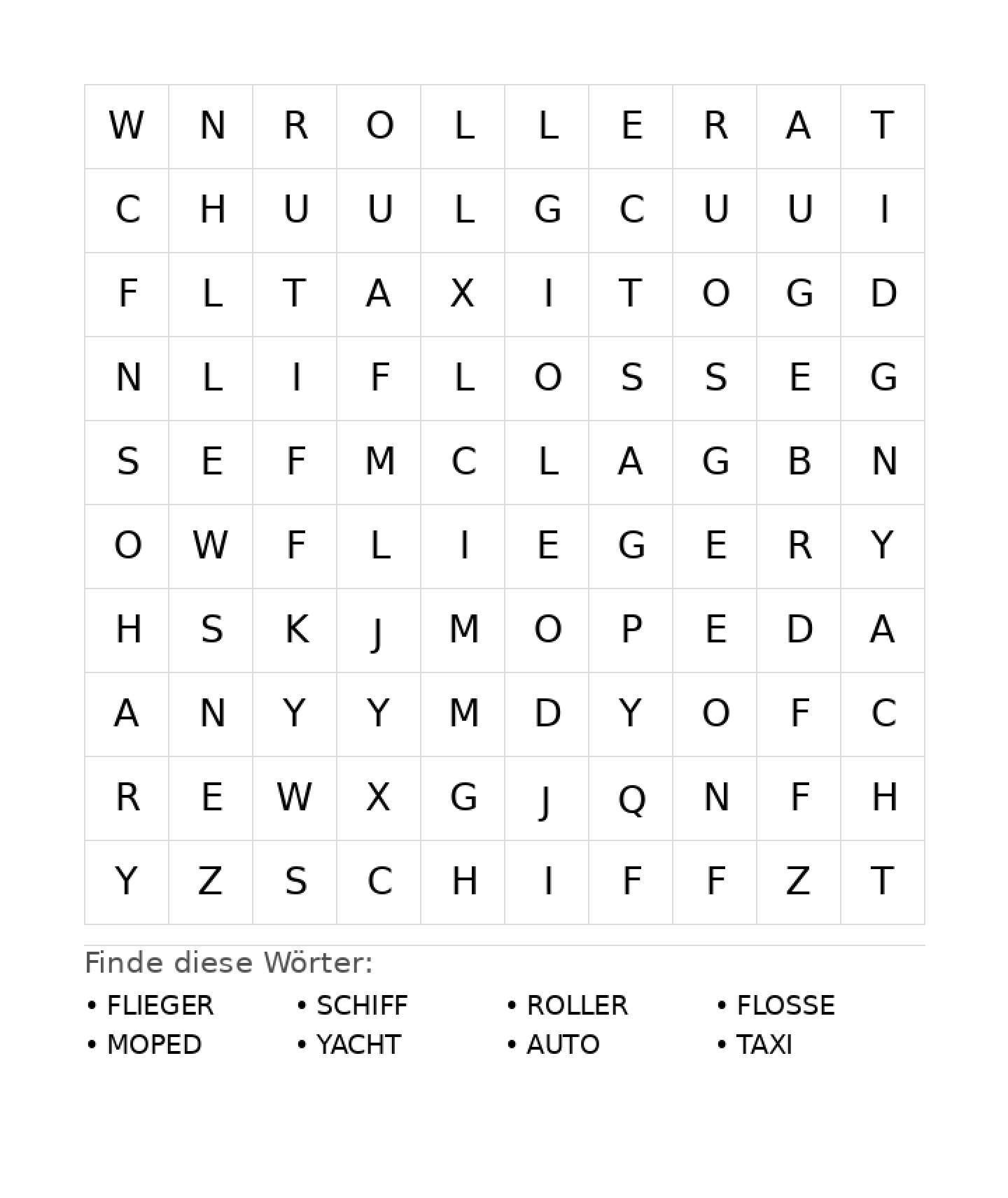 Wortsuchrätsel Wortsuchrätsel: Fahrzeuge für Vorschule aus der Kategorie Wortsuchrätsel - kostenlos ausdrucken