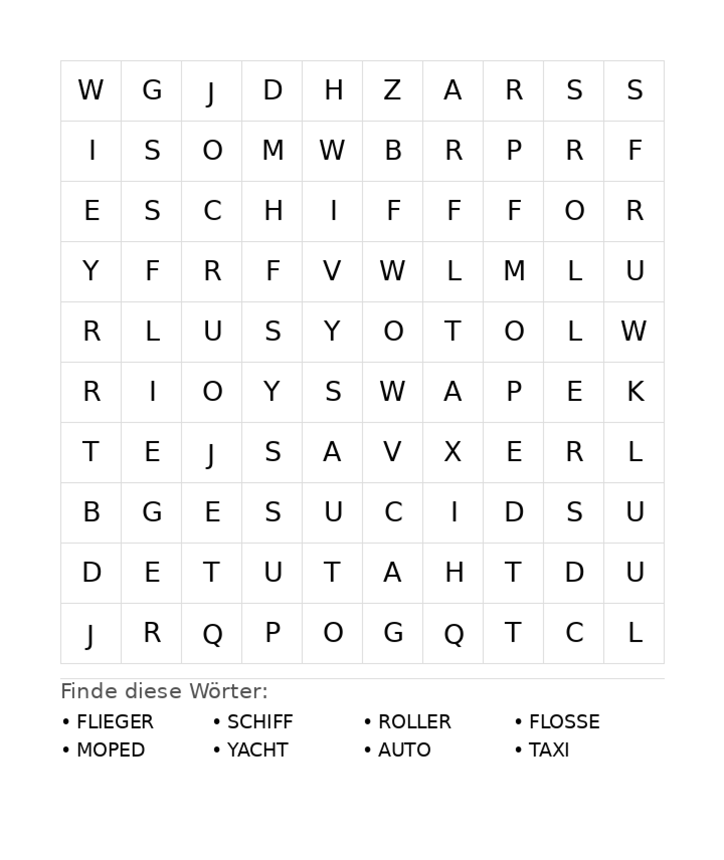 Wortsuchrätsel Wortsuchrätsel: Fahrzeuge für Vorschule aus der Kategorie Wortsuchrätsel - kostenlos ausdrucken