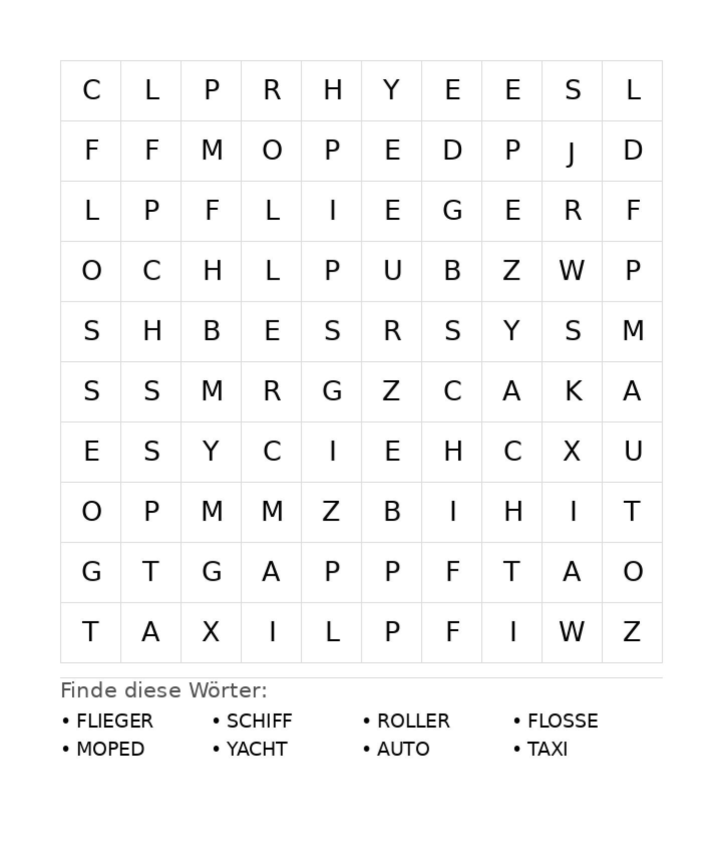 Wortsuchrätsel Wortsuchrätsel: Fahrzeuge für Vorschule aus der Kategorie Wortsuchrätsel - kostenlos ausdrucken