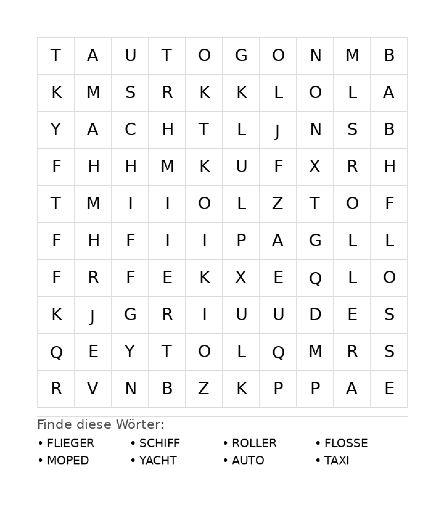 Wortsuchrätsel Wortsuchrätsel: Fahrzeuge für Vorschule aus der Kategorie Wortsuchrätsel - kostenlos ausdrucken