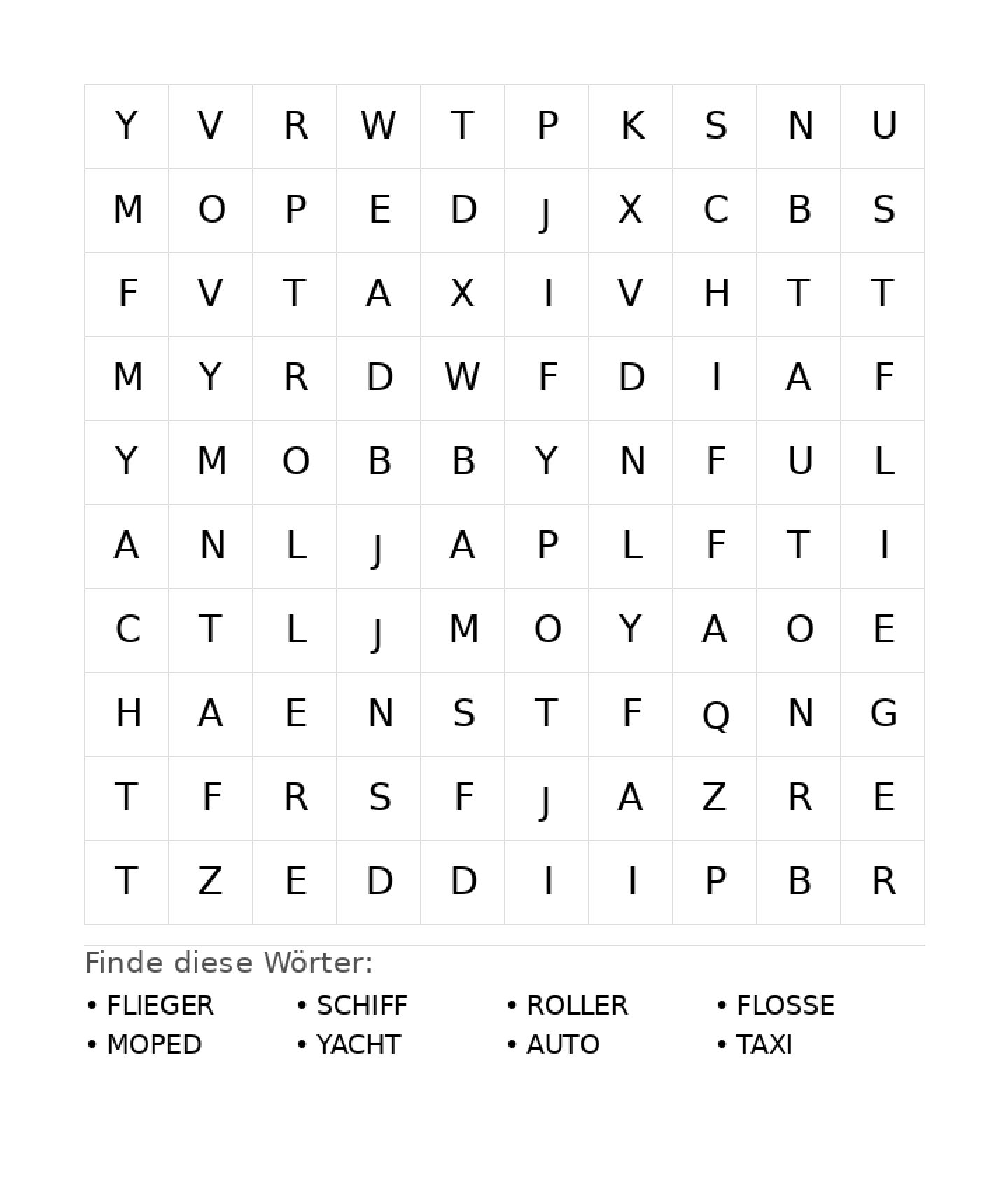 Wortsuchrätsel Wortsuchrätsel: Fahrzeuge für Vorschule aus der Kategorie Wortsuchrätsel - kostenlos ausdrucken