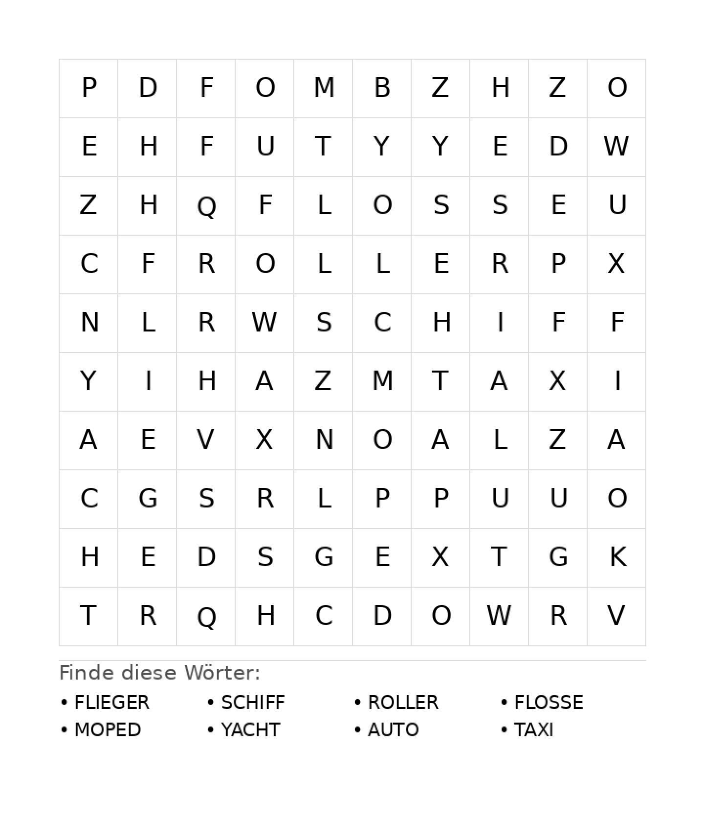 Wortsuchrätsel Wortsuchrätsel: Fahrzeuge für Vorschule aus der Kategorie Wortsuchrätsel - kostenlos ausdrucken