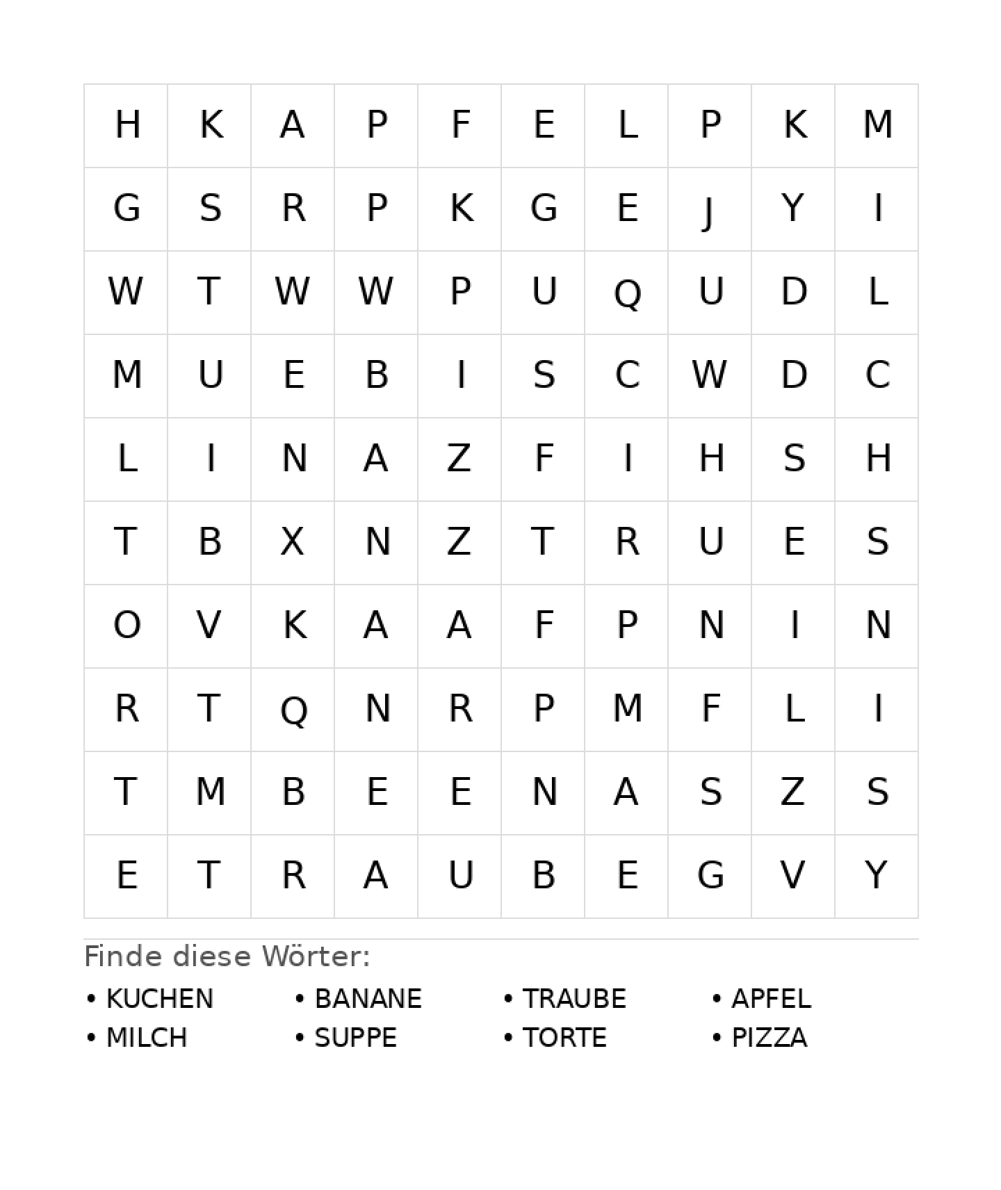 Wortsuchrätsel Wortsuchrätsel: Essen für Vorschule aus der Kategorie Wortsuchrätsel - kostenlos ausdrucken
