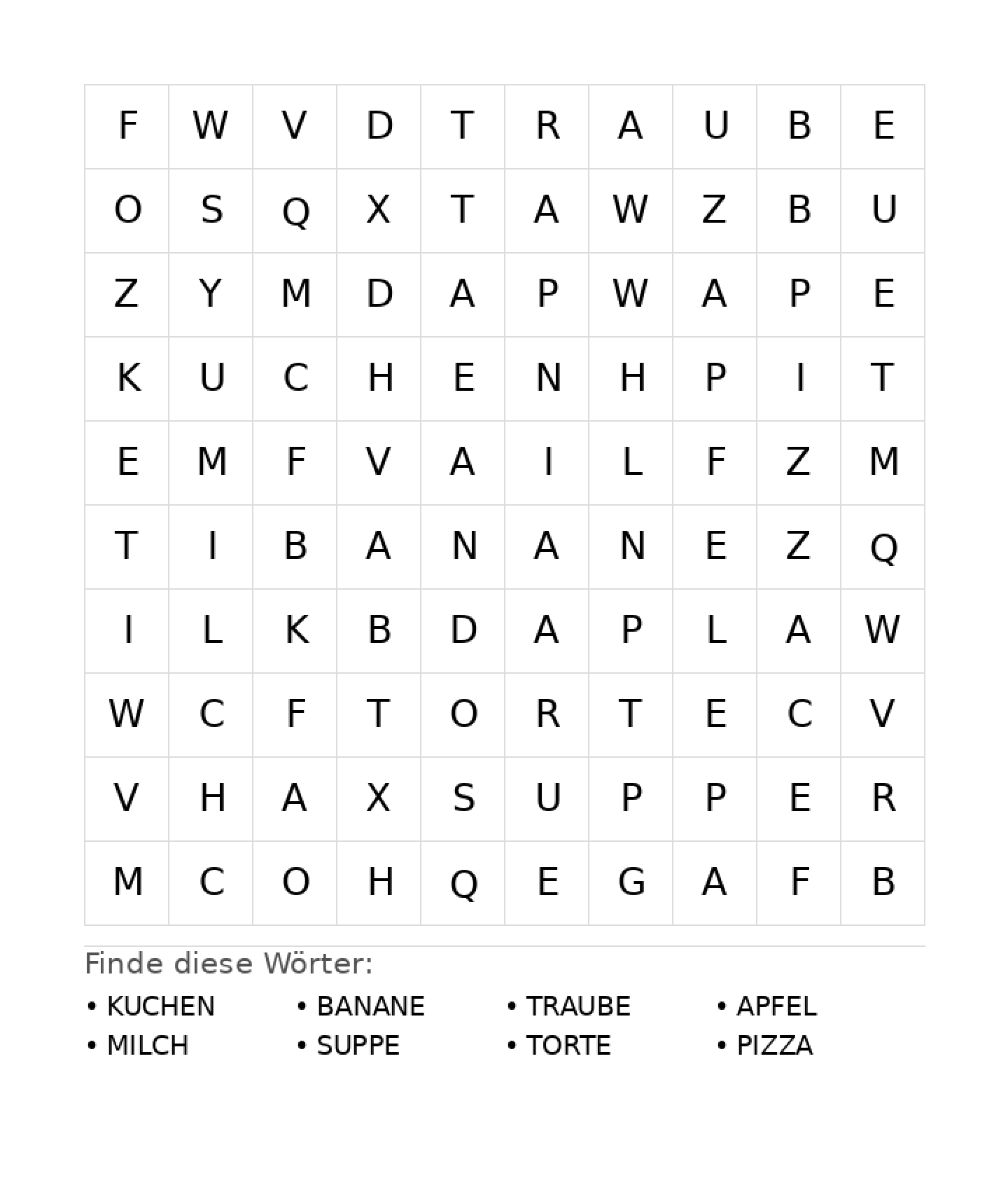 Wortsuchrätsel Wortsuchrätsel: Essen für Vorschule aus der Kategorie Wortsuchrätsel - kostenlos ausdrucken