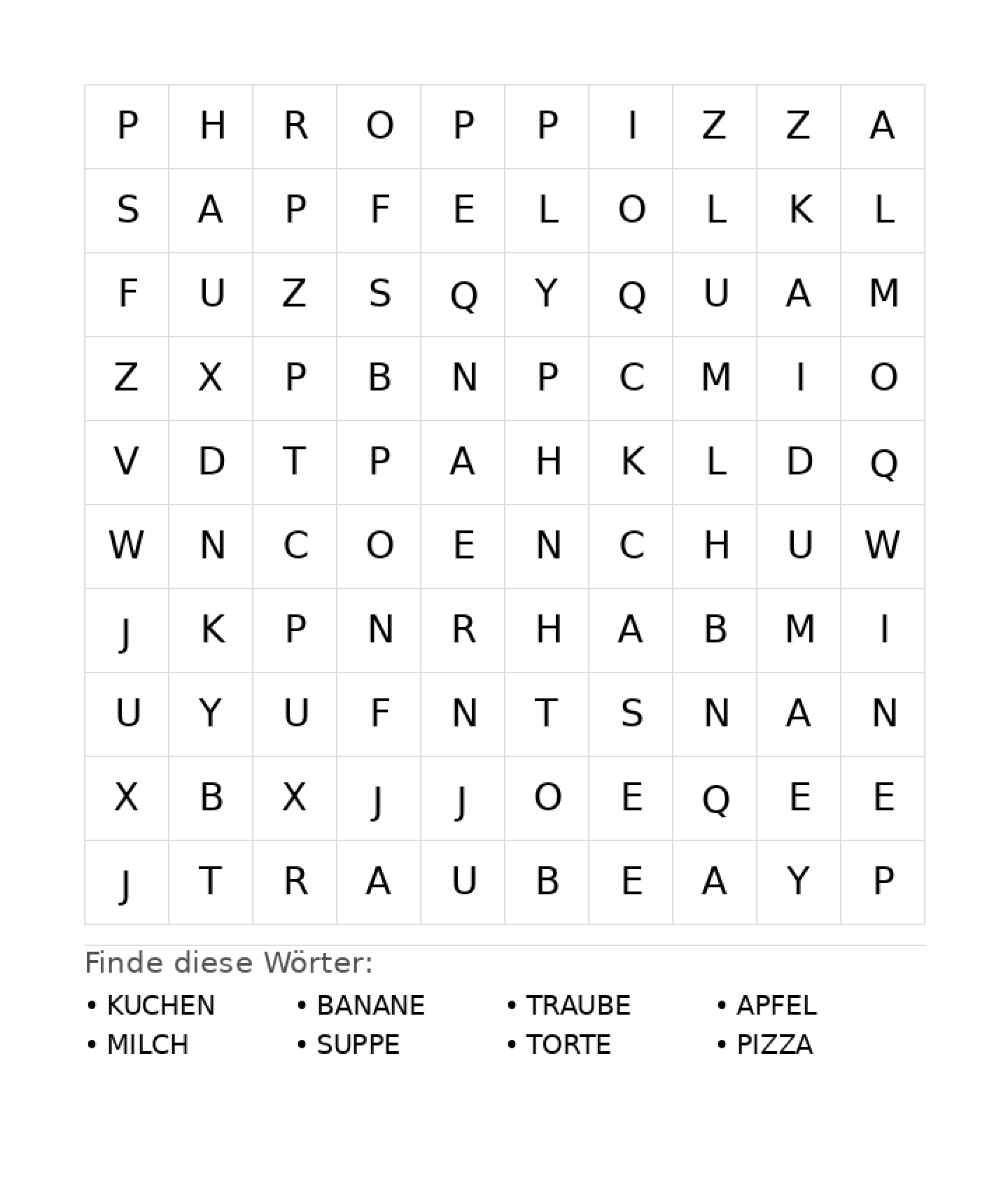 Wortsuchrätsel Wortsuchrätsel: Essen für Vorschule aus der Kategorie Wortsuchrätsel - kostenlos ausdrucken
