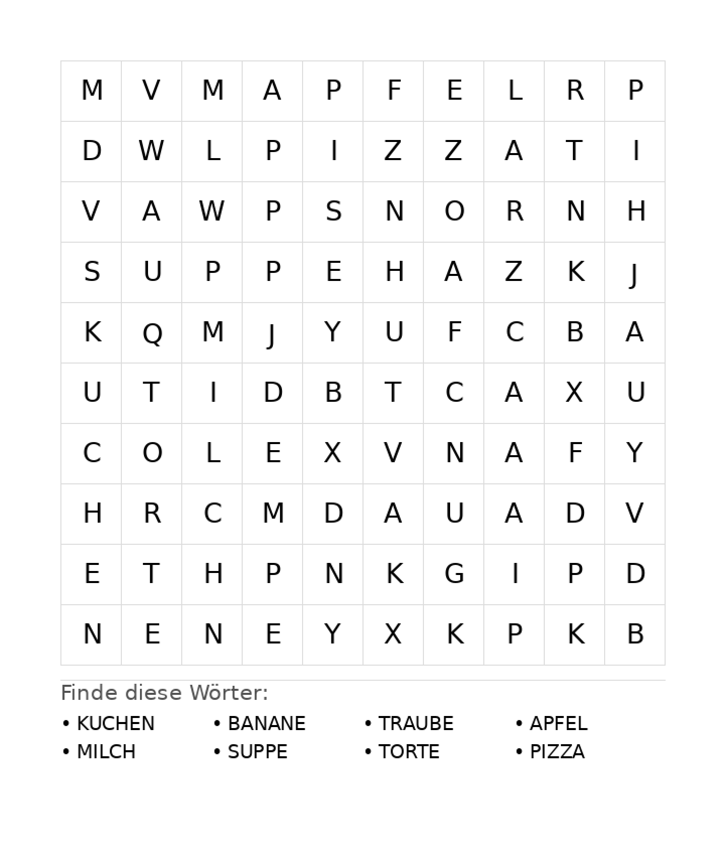 Wortsuchrätsel Wortsuchrätsel: Essen für Vorschule aus der Kategorie Wortsuchrätsel - kostenlos ausdrucken