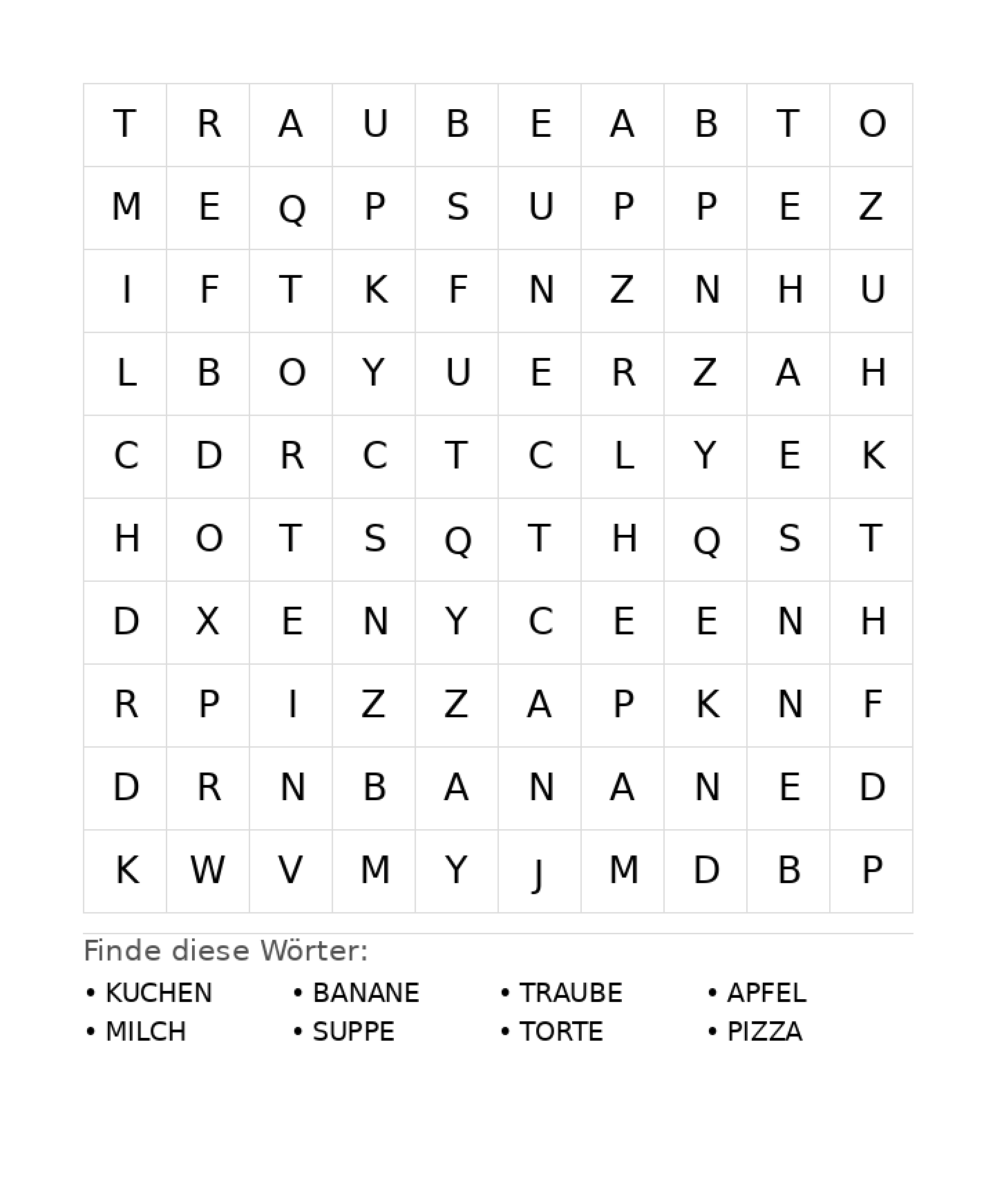 Wortsuchrätsel Wortsuchrätsel: Essen für Vorschule aus der Kategorie Wortsuchrätsel - kostenlos ausdrucken