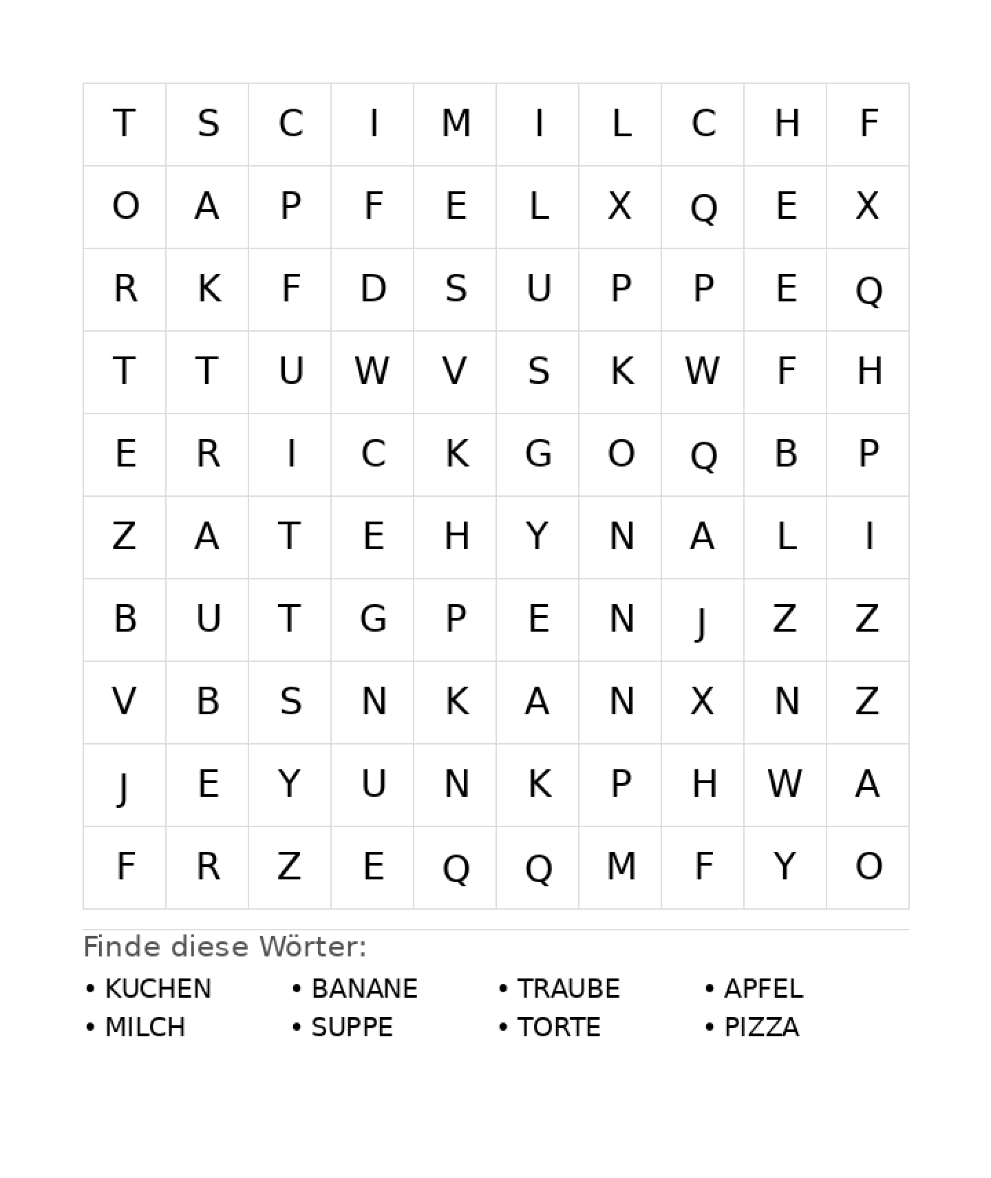 Wortsuchrätsel Wortsuchrätsel: Essen für Vorschule aus der Kategorie Wortsuchrätsel - kostenlos ausdrucken