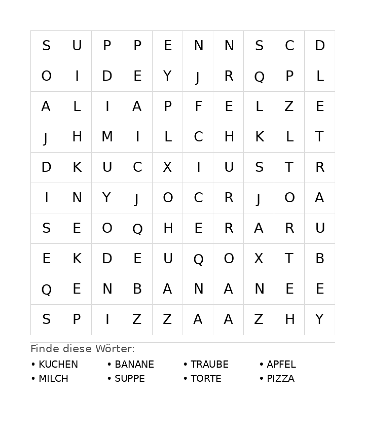 Wortsuchrätsel Wortsuchrätsel: Essen für Vorschule aus der Kategorie Wortsuchrätsel - kostenlos ausdrucken