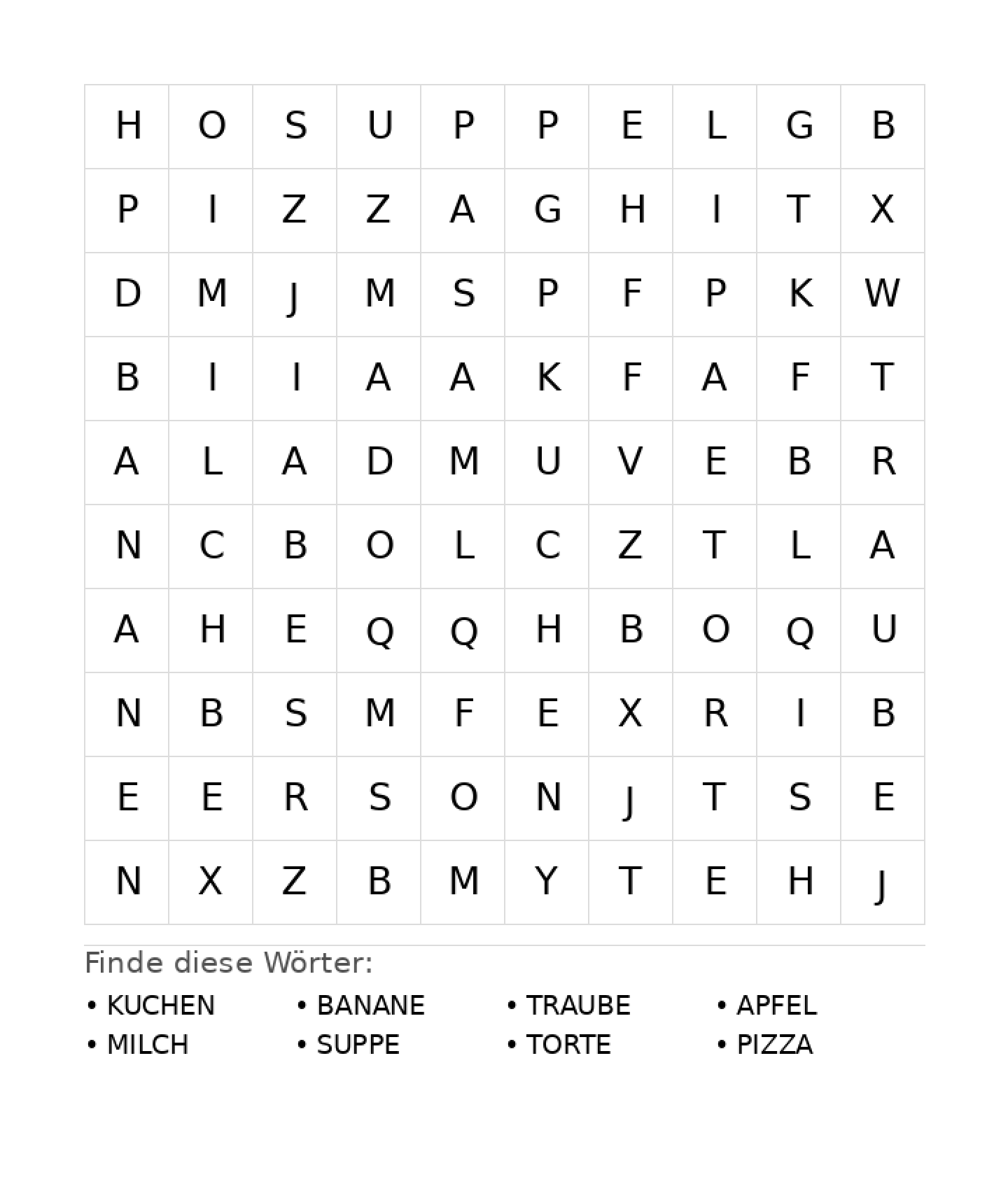 Wortsuchrätsel Wortsuchrätsel: Essen für Vorschule aus der Kategorie Wortsuchrätsel - kostenlos ausdrucken