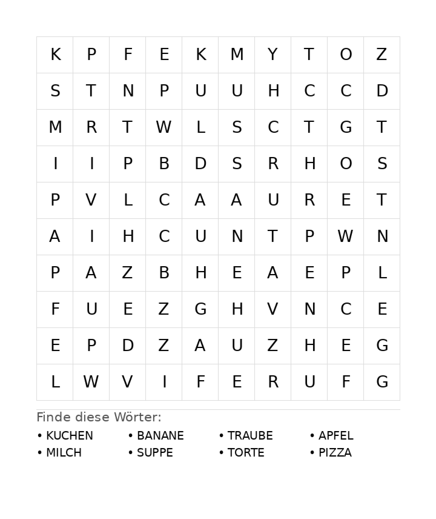 Wortsuchrätsel Wortsuchrätsel: Essen für Vorschule aus der Kategorie Wortsuchrätsel - kostenlos ausdrucken