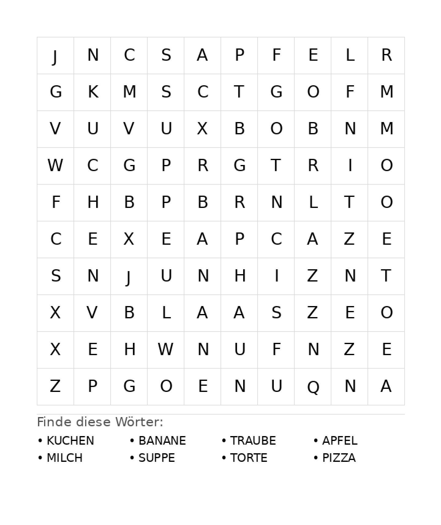 Wortsuchrätsel Wortsuchrätsel: Essen für Vorschule aus der Kategorie Wortsuchrätsel - kostenlos ausdrucken