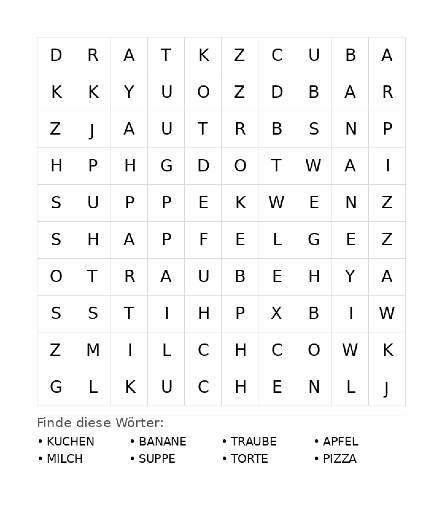 Wortsuchrätsel Wortsuchrätsel: Essen für Vorschule aus der Kategorie Wortsuchrätsel - kostenlos ausdrucken