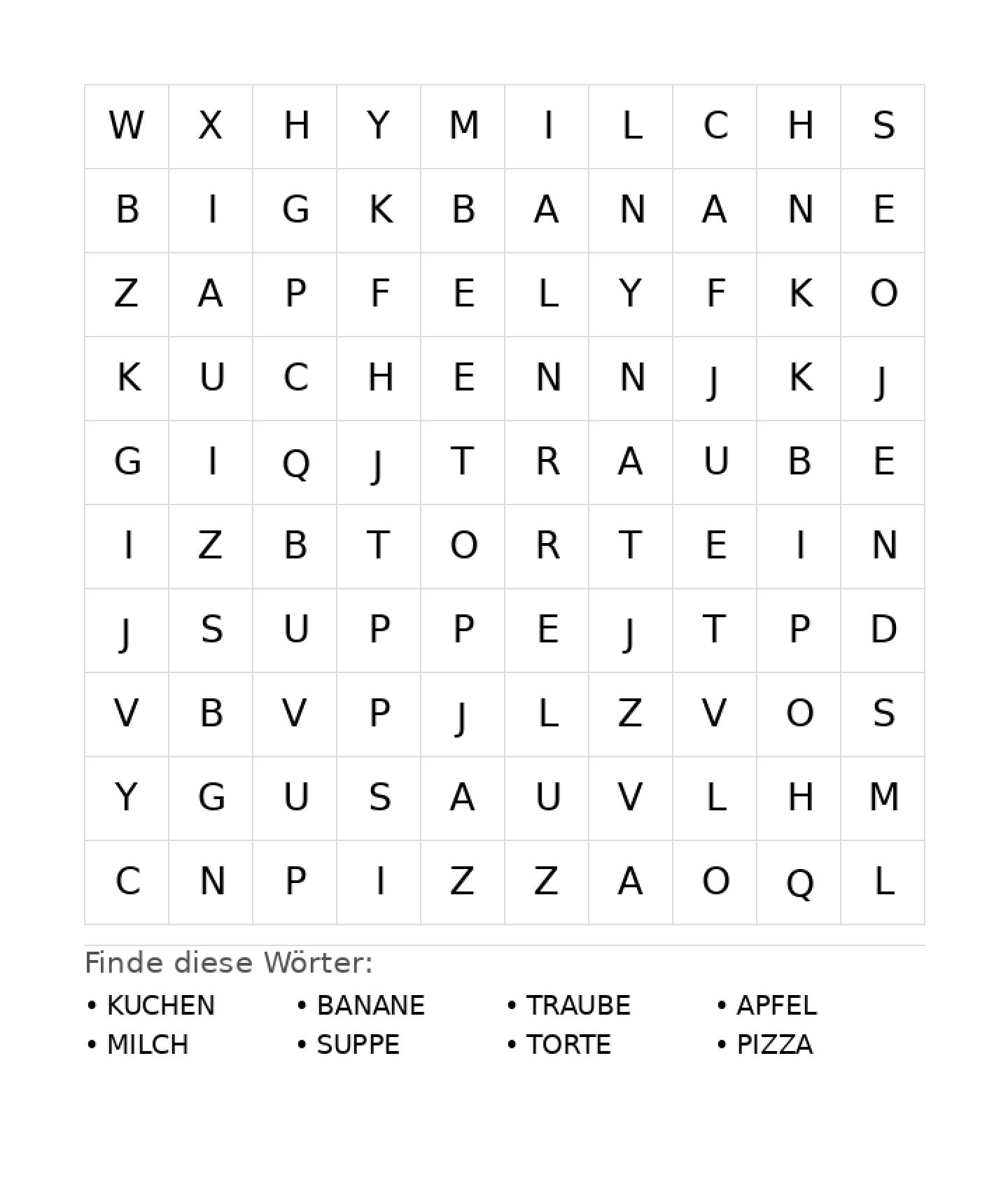 Wortsuchrätsel Wortsuchrätsel: Essen für Vorschule aus der Kategorie Wortsuchrätsel - kostenlos ausdrucken