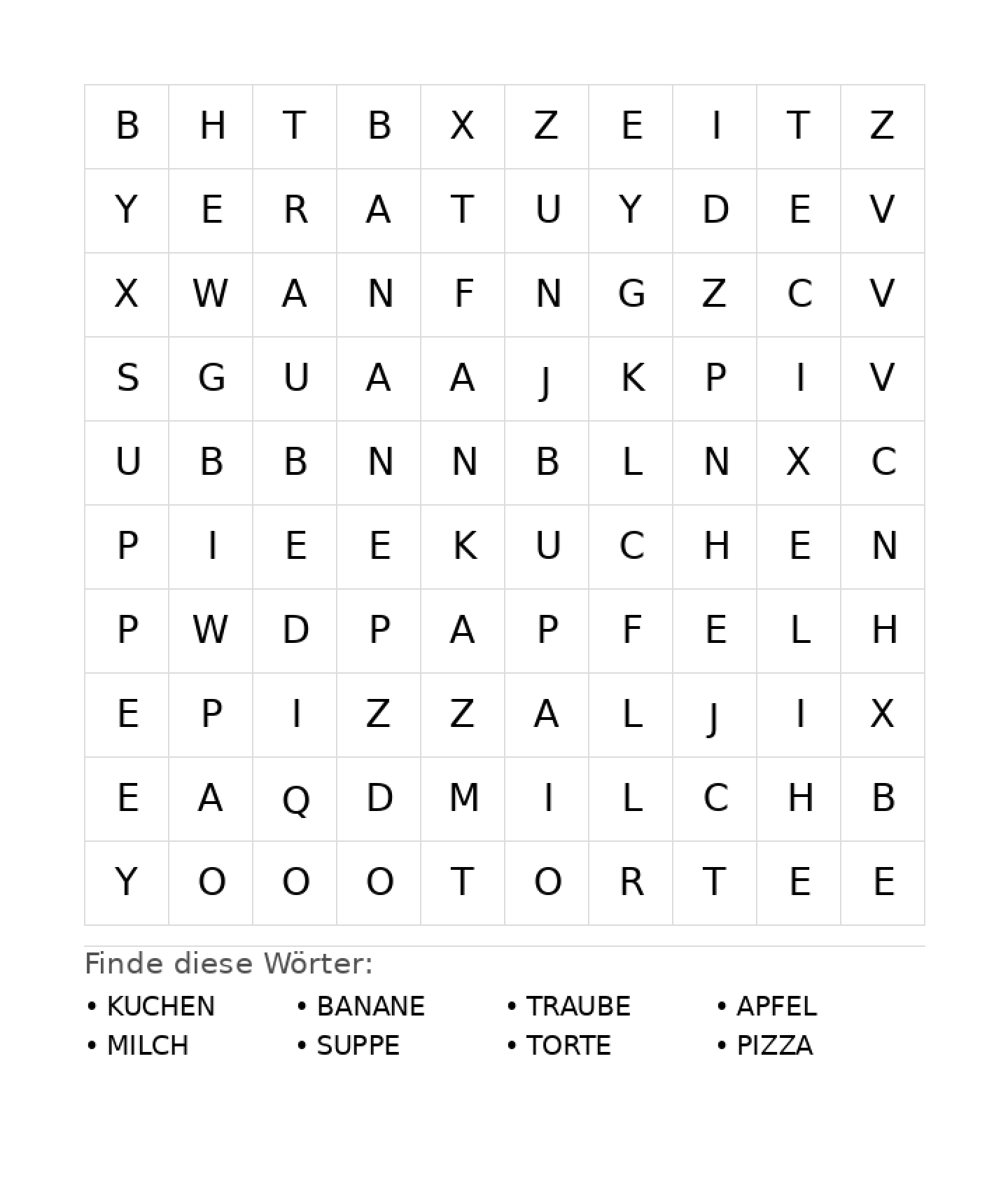 Wortsuchrätsel Wortsuchrätsel: Essen für Vorschule aus der Kategorie Wortsuchrätsel - kostenlos ausdrucken
