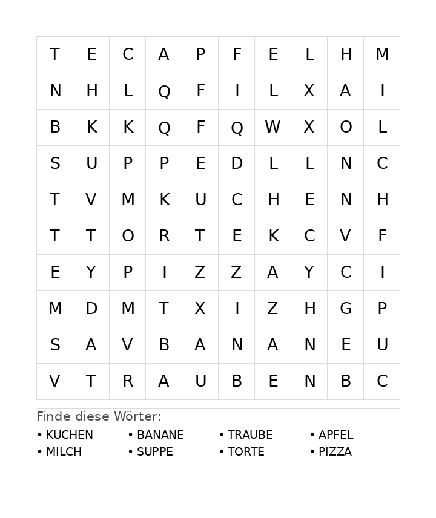 Wortsuchrätsel Wortsuchrätsel: Essen für Vorschule aus der Kategorie Wortsuchrätsel - kostenlos ausdrucken