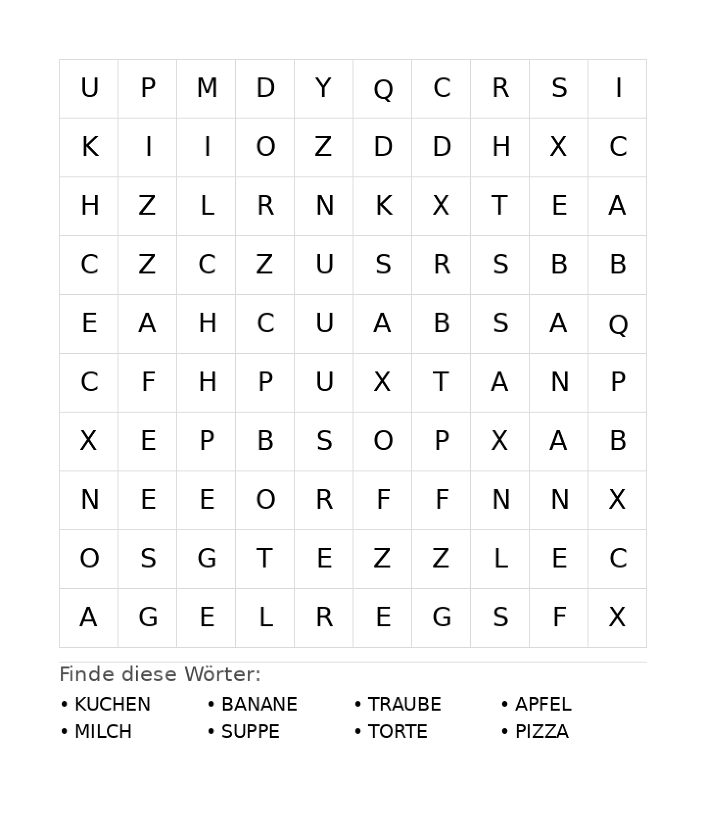 Wortsuchrätsel Wortsuchrätsel: Essen für Vorschule aus der Kategorie Wortsuchrätsel - kostenlos ausdrucken