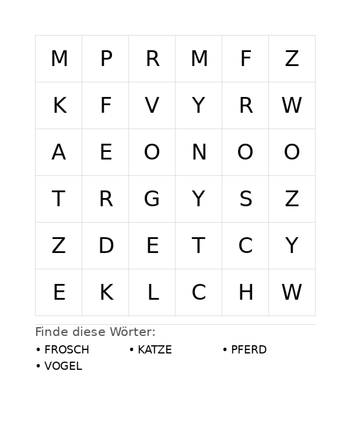 Wortsuchrätsel Wortsuchrätsel: Tiere für Vorschule aus der Kategorie Wortsuchrätsel - kostenlos ausdrucken