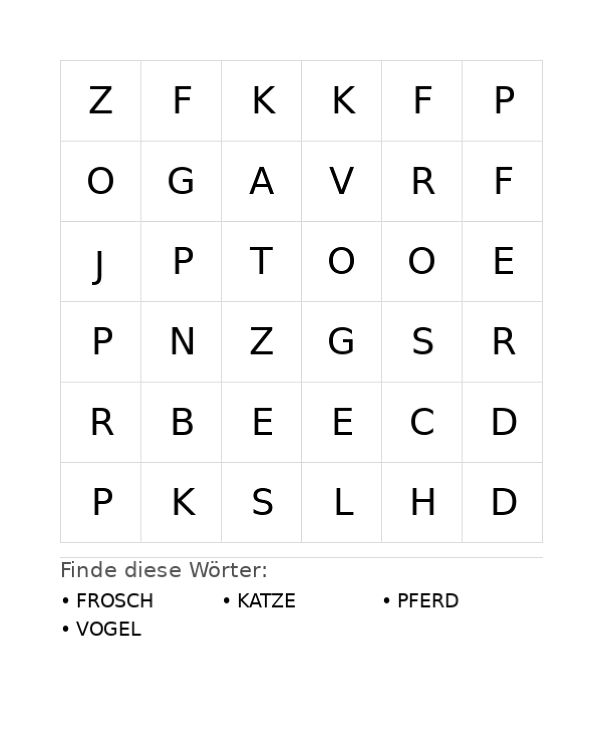 Wortsuchrätsel Wortsuchrätsel: Tiere für Vorschule aus der Kategorie Wortsuchrätsel - kostenlos ausdrucken