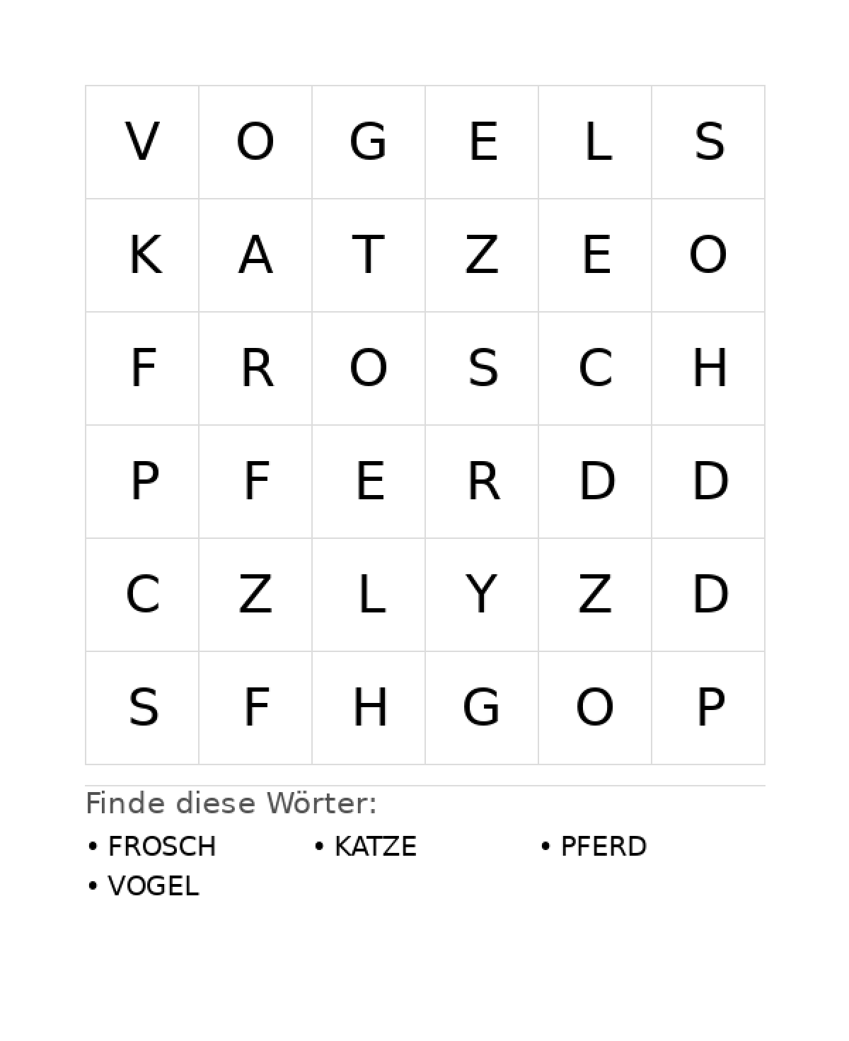 Wortsuchrätsel Wortsuchrätsel: Tiere für Vorschule aus der Kategorie Wortsuchrätsel - kostenlos ausdrucken