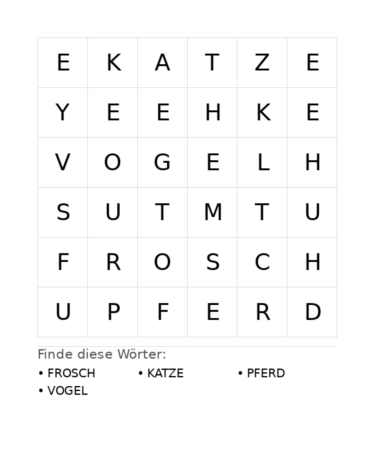 Wortsuchrätsel Wortsuchrätsel: Tiere für Vorschule aus der Kategorie Wortsuchrätsel - kostenlos ausdrucken
