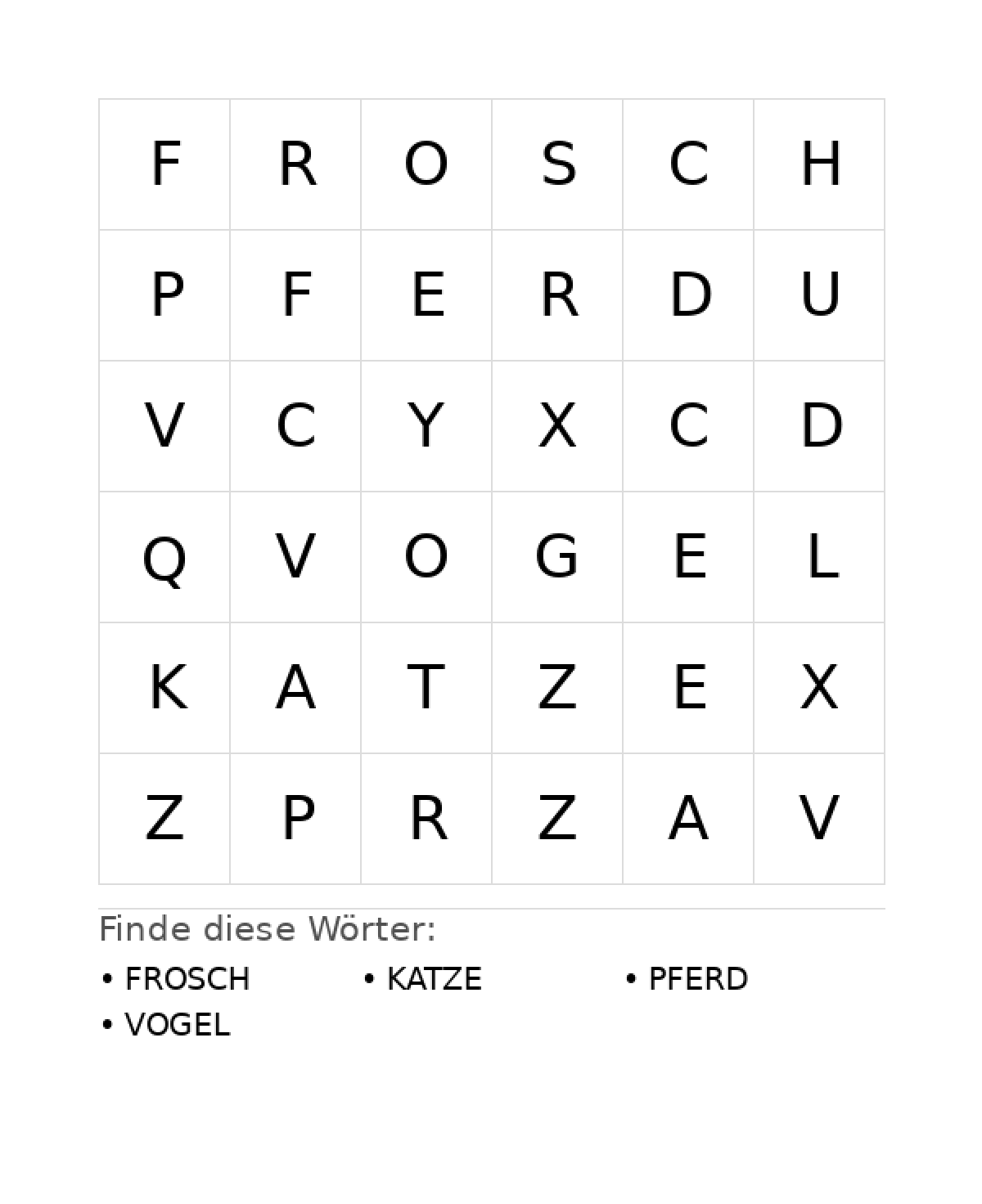 Wortsuchrätsel Wortsuchrätsel: Tiere für Vorschule aus der Kategorie Wortsuchrätsel - kostenlos ausdrucken