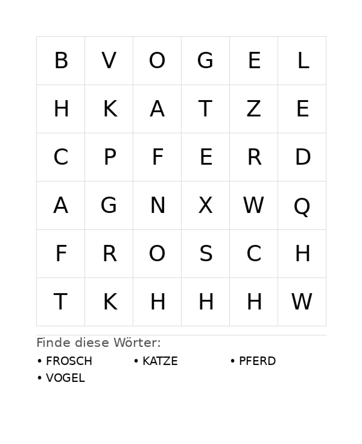 Wortsuchrätsel Wortsuchrätsel: Tiere für Vorschule aus der Kategorie Wortsuchrätsel - kostenlos ausdrucken