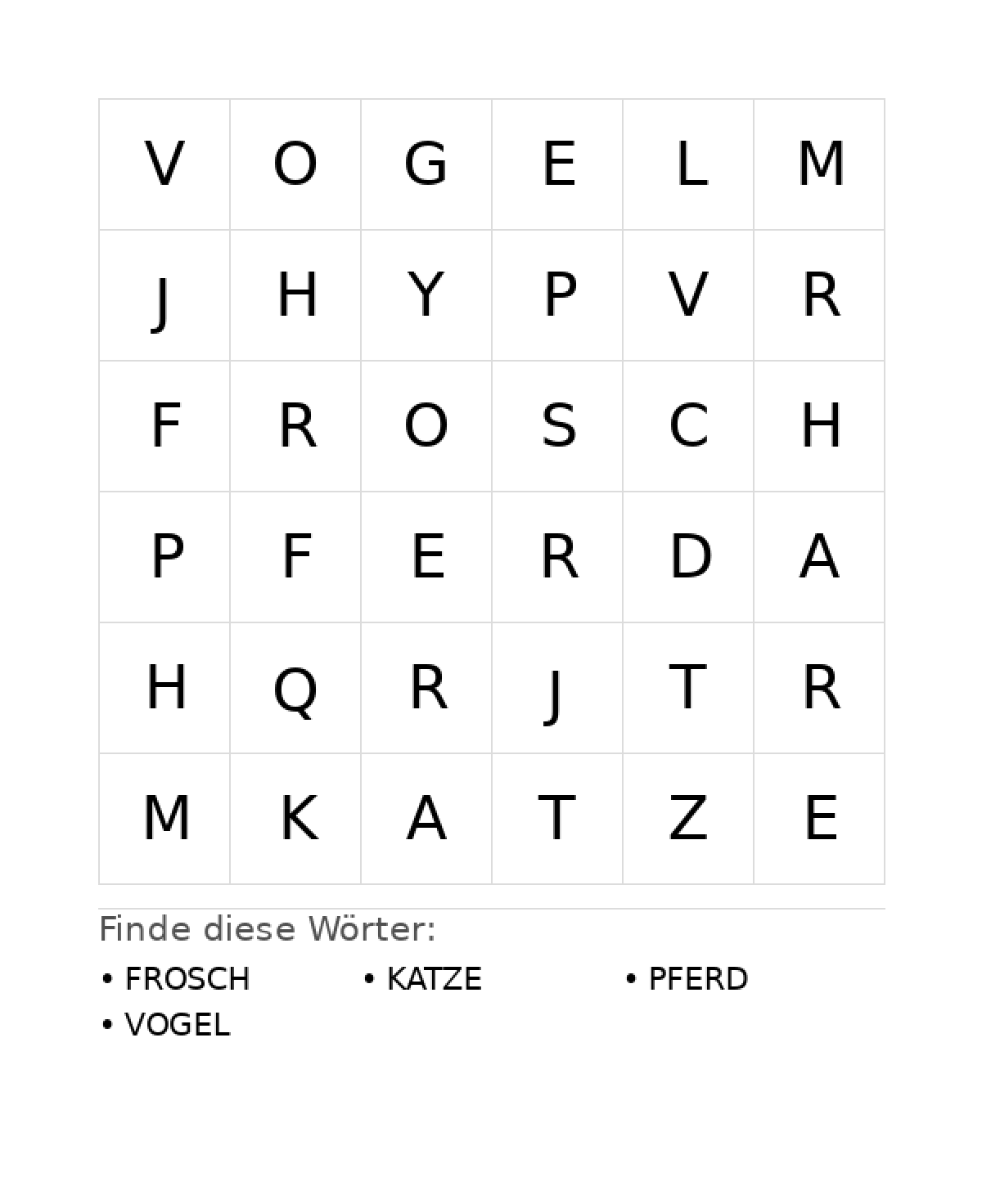 Wortsuchrätsel Wortsuchrätsel: Tiere für Vorschule aus der Kategorie Wortsuchrätsel - kostenlos ausdrucken