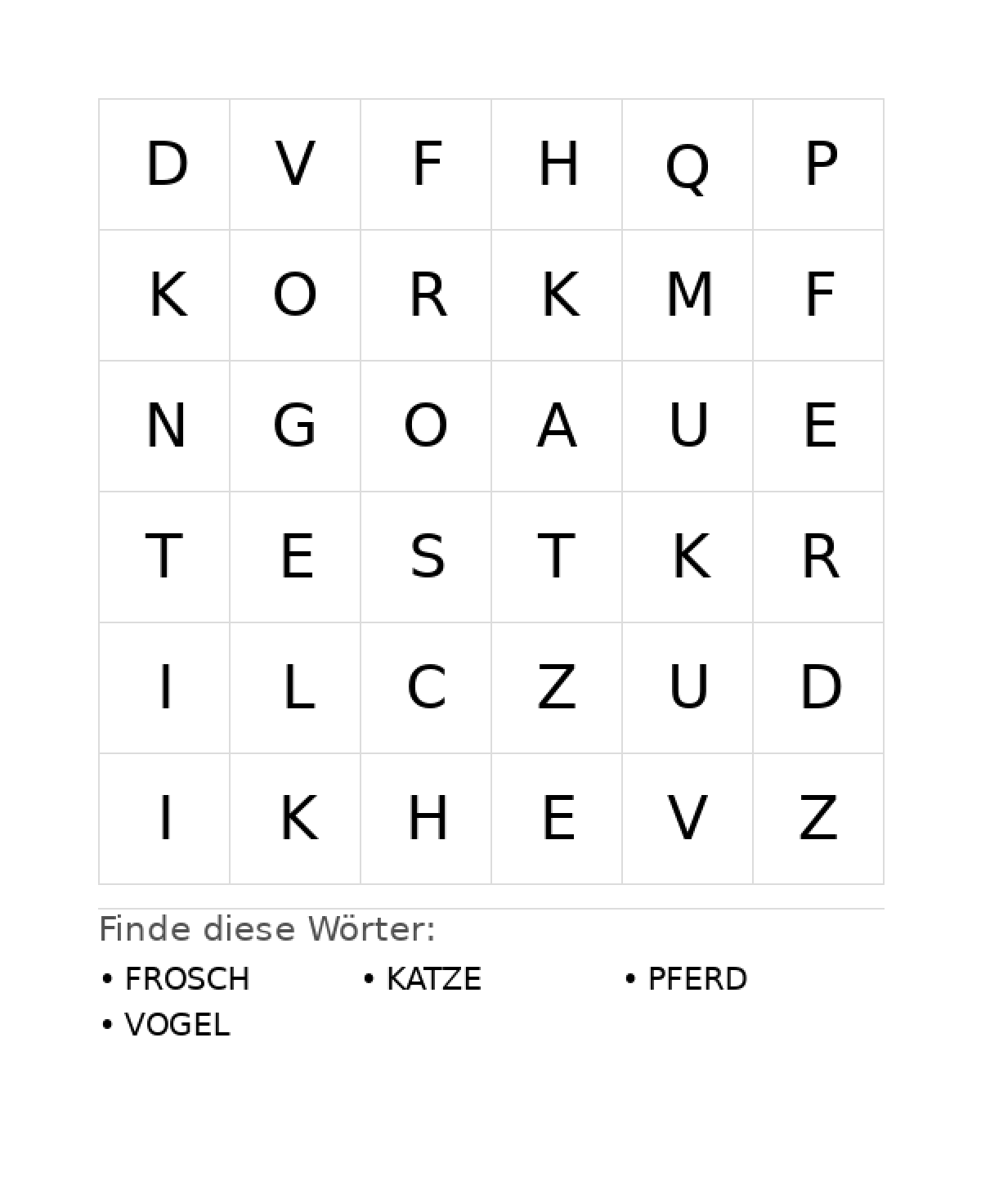 Wortsuchrätsel Wortsuchrätsel: Tiere für Vorschule aus der Kategorie Wortsuchrätsel - kostenlos ausdrucken