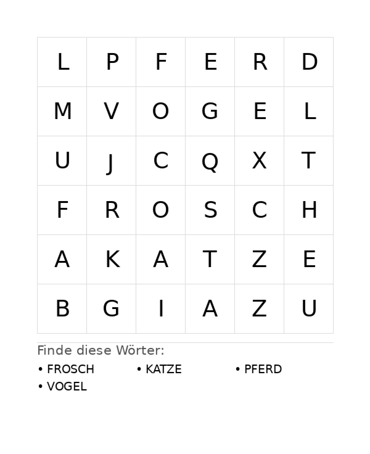 Wortsuchrätsel Wortsuchrätsel: Tiere für Vorschule aus der Kategorie Wortsuchrätsel - kostenlos ausdrucken