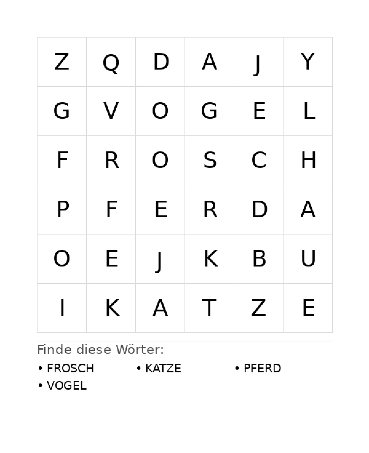 Wortsuchrätsel Wortsuchrätsel: Tiere für Vorschule aus der Kategorie Wortsuchrätsel - kostenlos ausdrucken