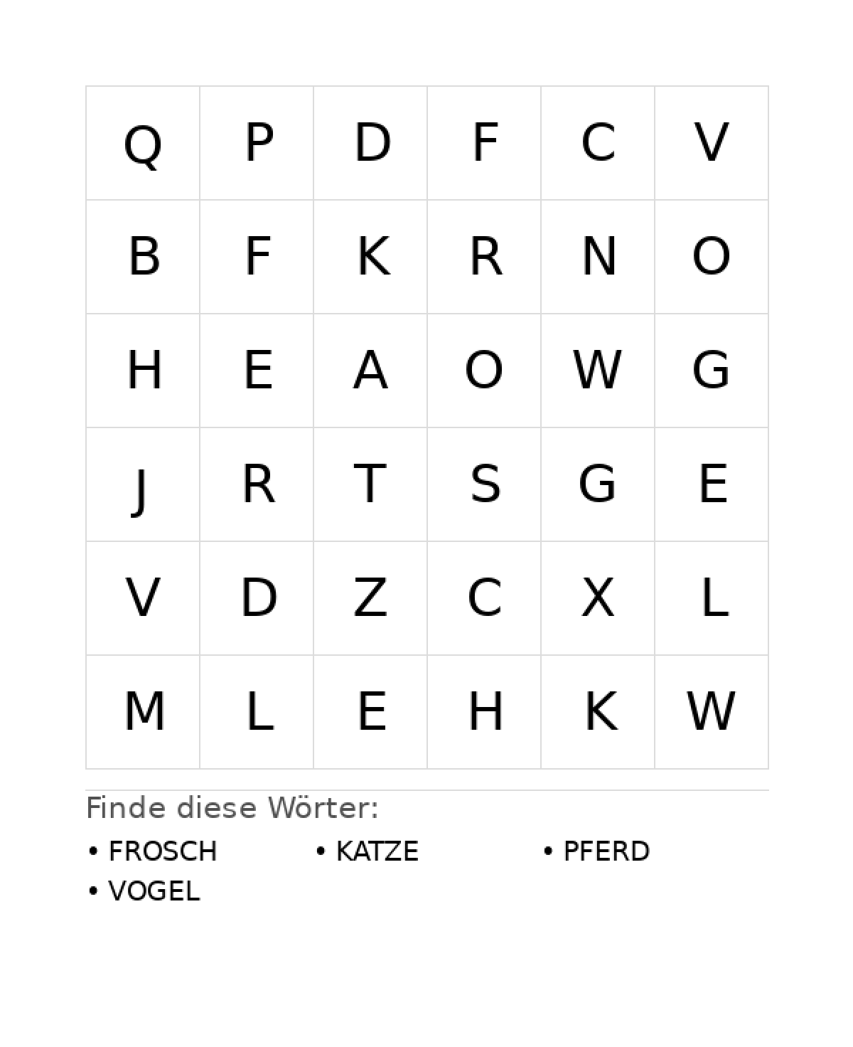 Wortsuchrätsel Wortsuchrätsel: Tiere für Vorschule aus der Kategorie Wortsuchrätsel - kostenlos ausdrucken