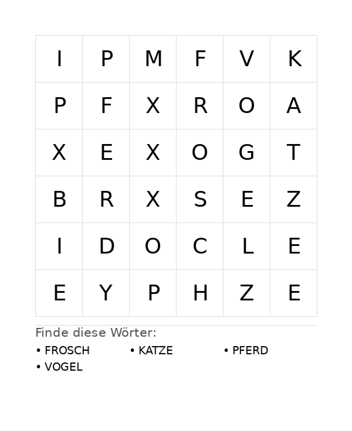 Wortsuchrätsel Wortsuchrätsel: Tiere für Vorschule aus der Kategorie Wortsuchrätsel - kostenlos ausdrucken