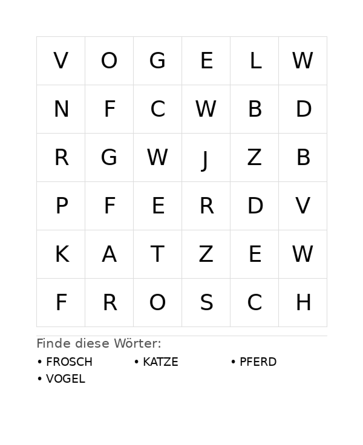 Wortsuchrätsel Wortsuchrätsel: Tiere für Vorschule aus der Kategorie Wortsuchrätsel - kostenlos ausdrucken