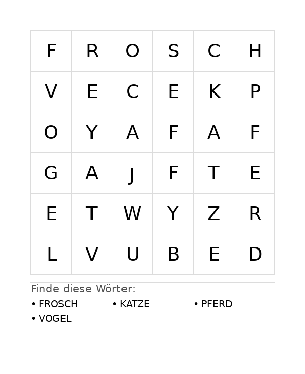 Wortsuchrätsel Wortsuchrätsel: Tiere für Vorschule aus der Kategorie Wortsuchrätsel - kostenlos ausdrucken