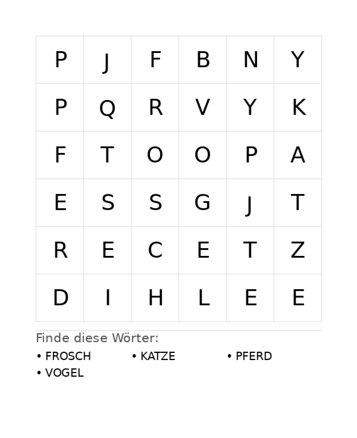 Wortsuchrätsel Wortsuchrätsel: Tiere für Vorschule aus der Kategorie Wortsuchrätsel - kostenlos ausdrucken