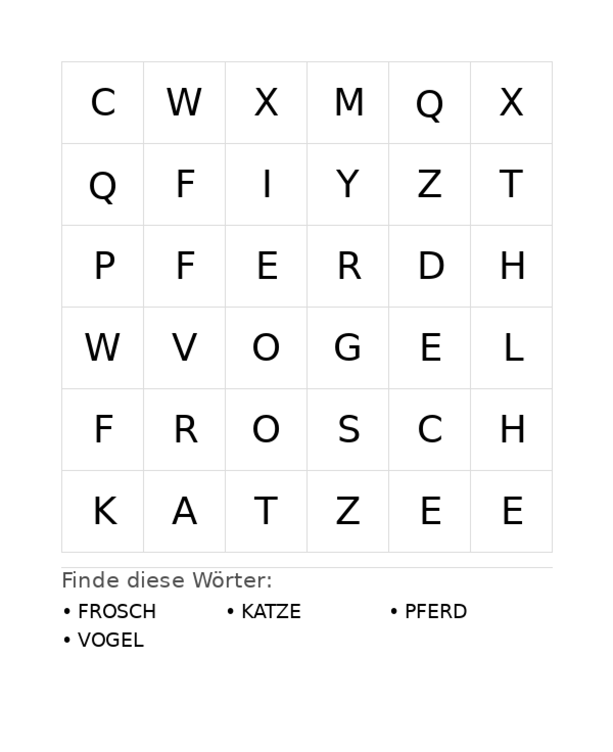 Wortsuchrätsel Wortsuchrätsel: Tiere für Vorschule aus der Kategorie Wortsuchrätsel - kostenlos ausdrucken