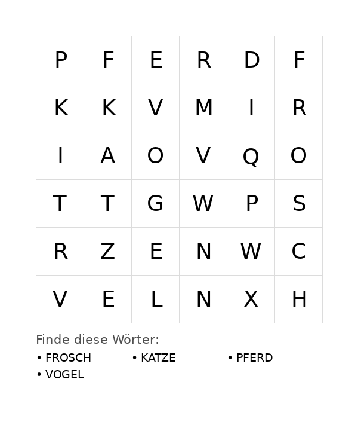 Wortsuchrätsel Wortsuchrätsel: Tiere für Vorschule aus der Kategorie Wortsuchrätsel - kostenlos ausdrucken