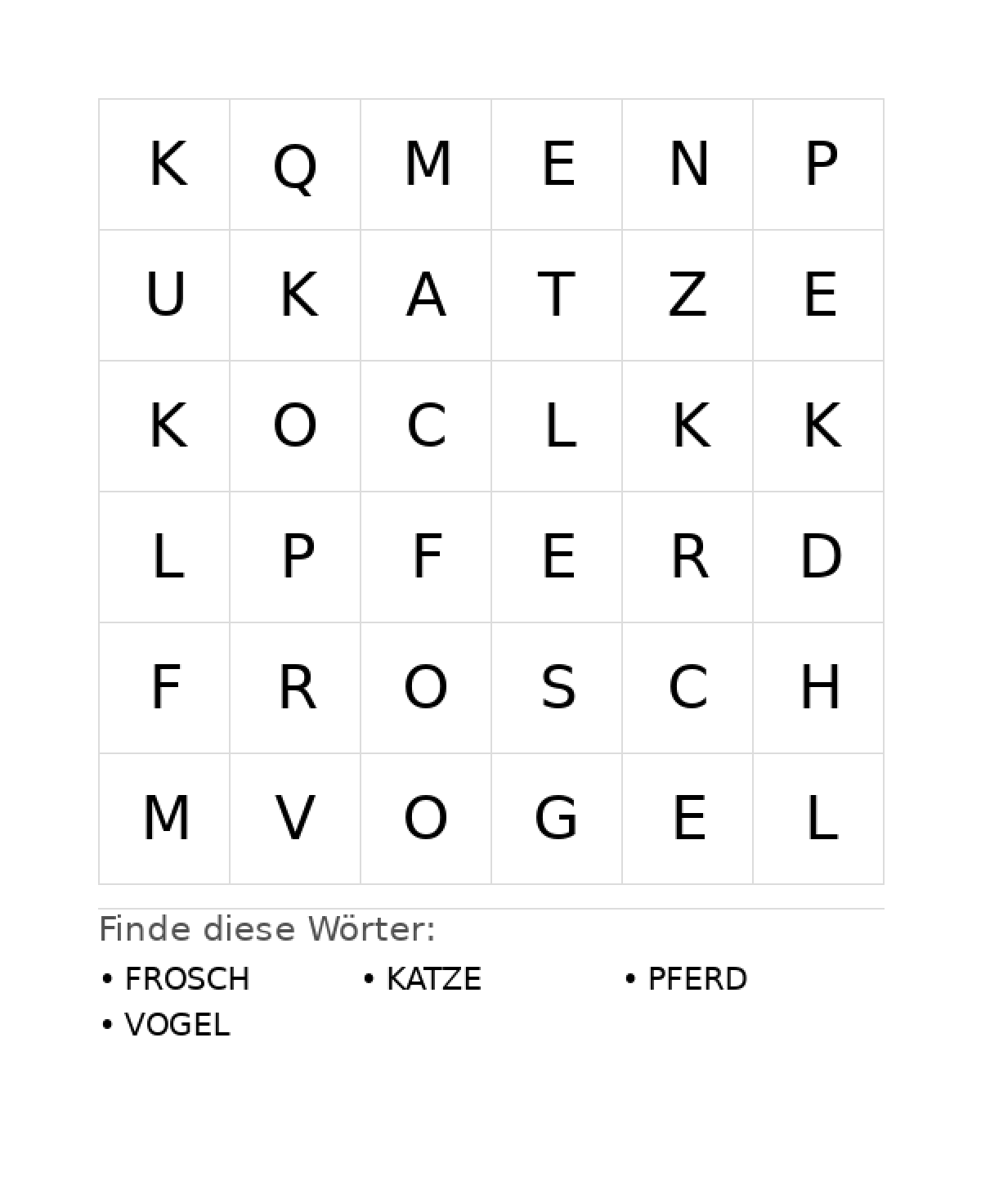 Wortsuchrätsel Wortsuchrätsel: Tiere für Vorschule aus der Kategorie Wortsuchrätsel - kostenlos ausdrucken