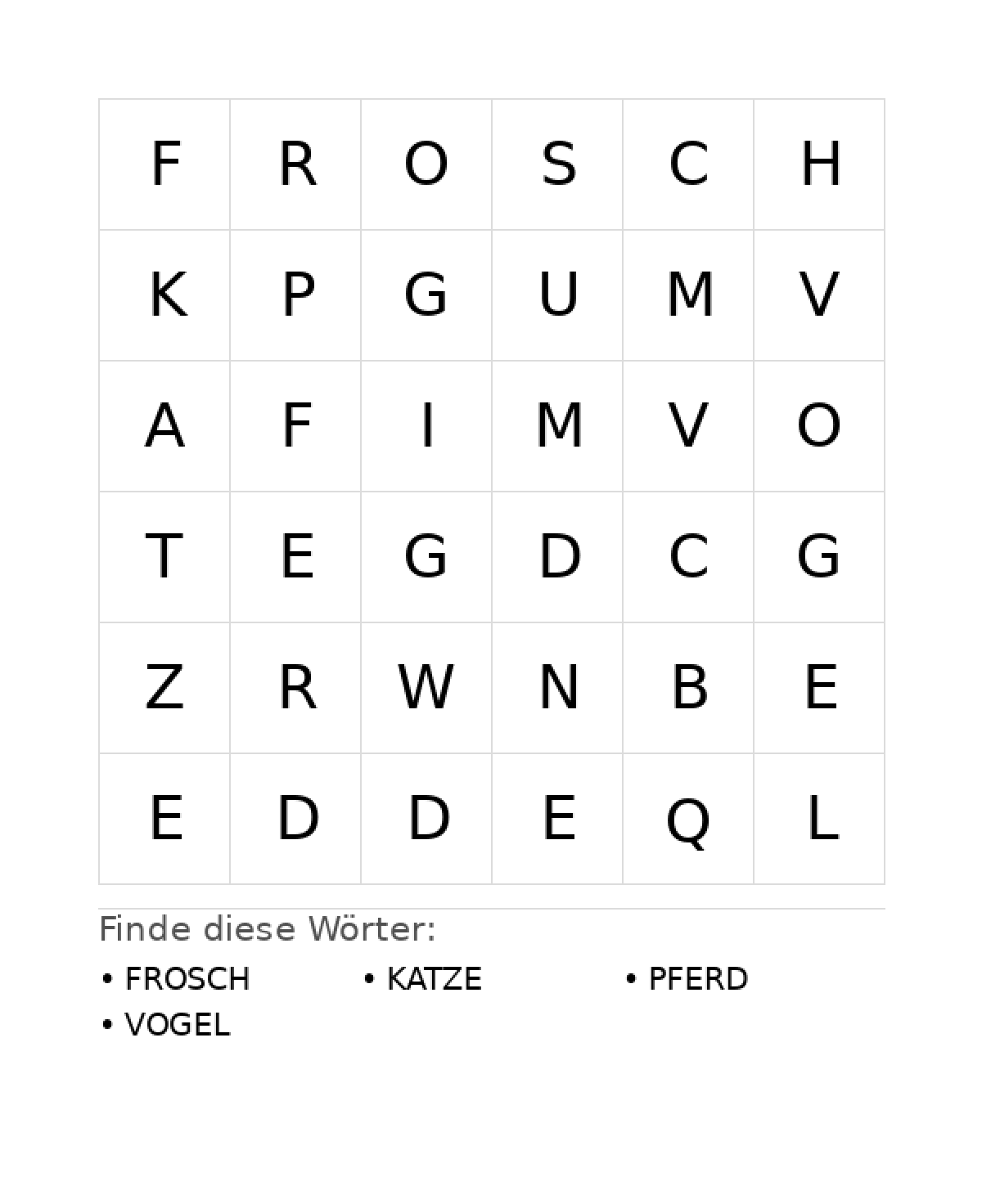 Wortsuchrätsel Wortsuchrätsel: Tiere für Vorschule aus der Kategorie Wortsuchrätsel - kostenlos ausdrucken