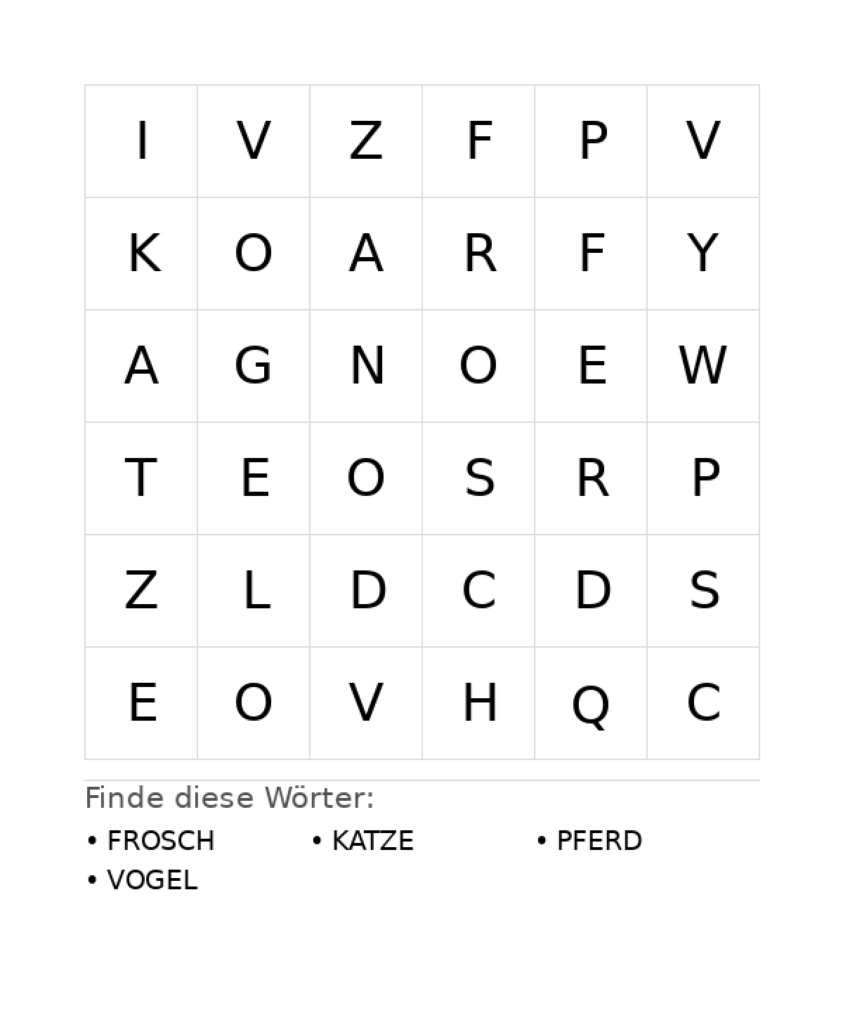 Wortsuchrätsel Wortsuchrätsel: Tiere für Vorschule aus der Kategorie Wortsuchrätsel - kostenlos ausdrucken