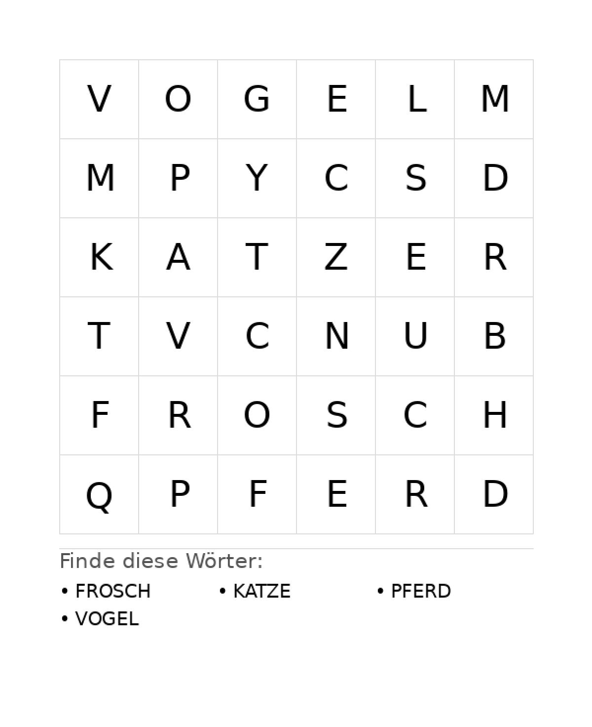 Wortsuchrätsel Wortsuchrätsel: Tiere für Vorschule aus der Kategorie Wortsuchrätsel - kostenlos ausdrucken