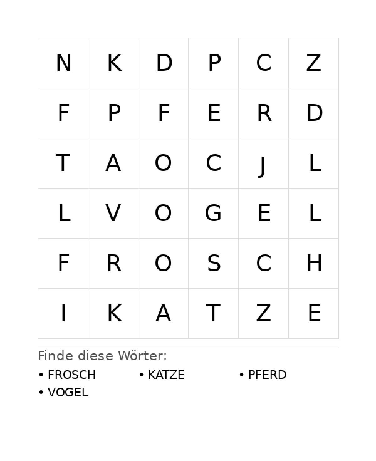 Wortsuchrätsel Wortsuchrätsel: Tiere für Vorschule aus der Kategorie Wortsuchrätsel - kostenlos ausdrucken