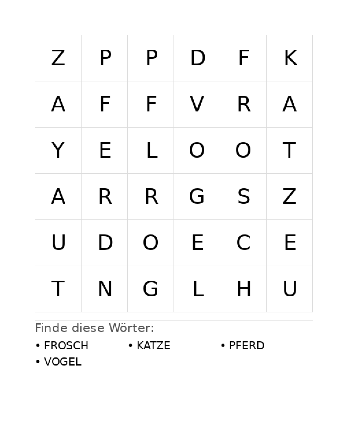 Wortsuchrätsel Wortsuchrätsel: Tiere für Vorschule aus der Kategorie Wortsuchrätsel - kostenlos ausdrucken
