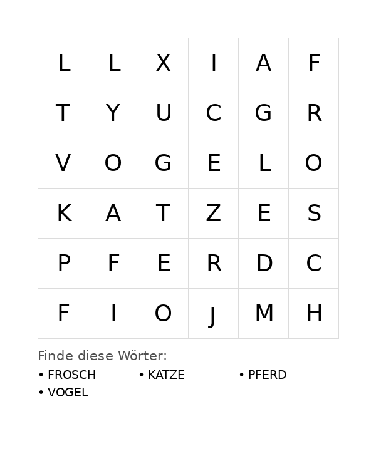 Wortsuchrätsel Wortsuchrätsel: Tiere für Vorschule aus der Kategorie Wortsuchrätsel - kostenlos ausdrucken